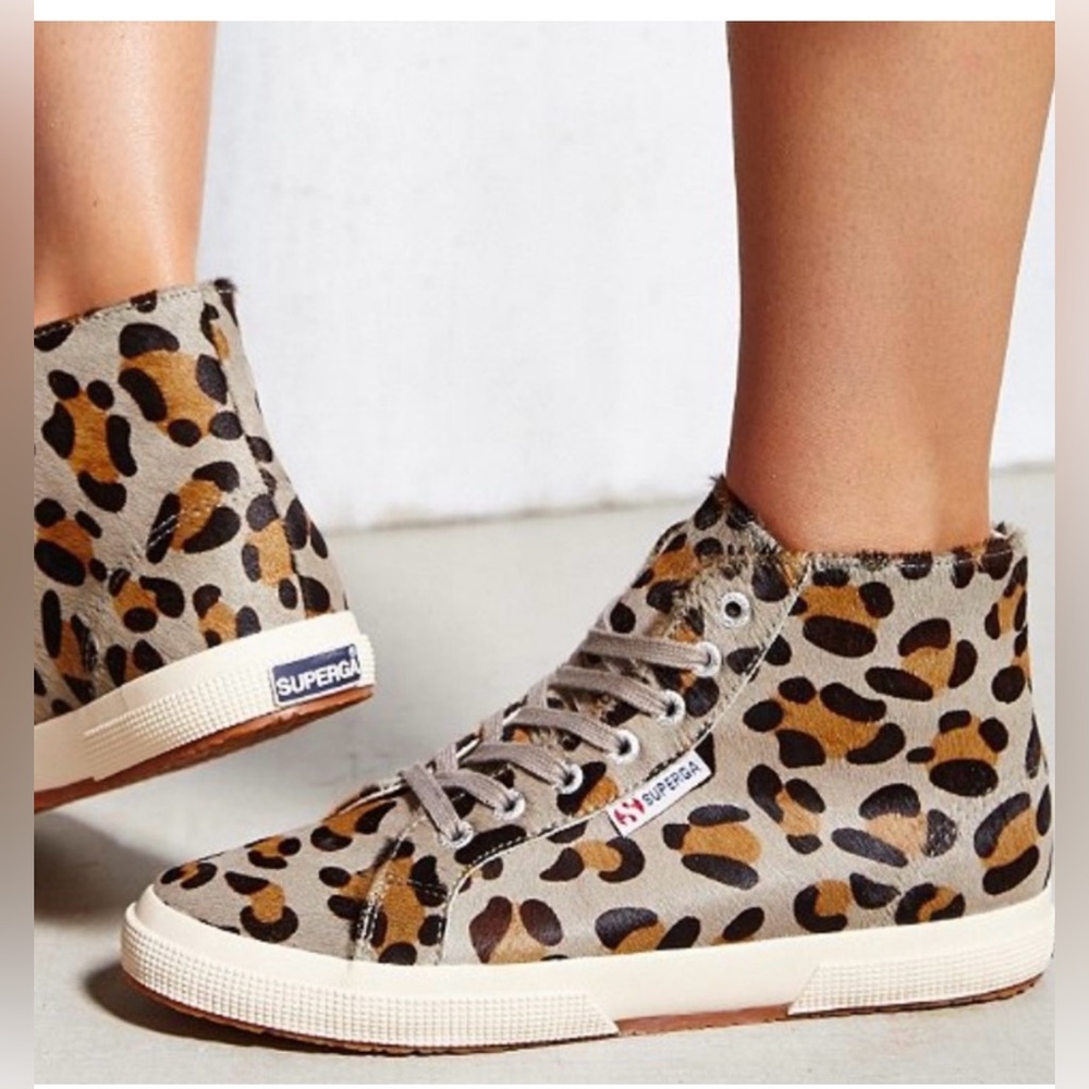 Superga High Top Sneaker in Gray/Brown Leopard Pony Hair - size 37.5